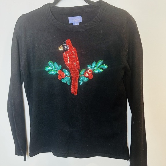 Laura Scott Christmas Sweater Black Sequin Red/Green‎ Cardinal Med Petite.A44 - Picture 1 of 9
